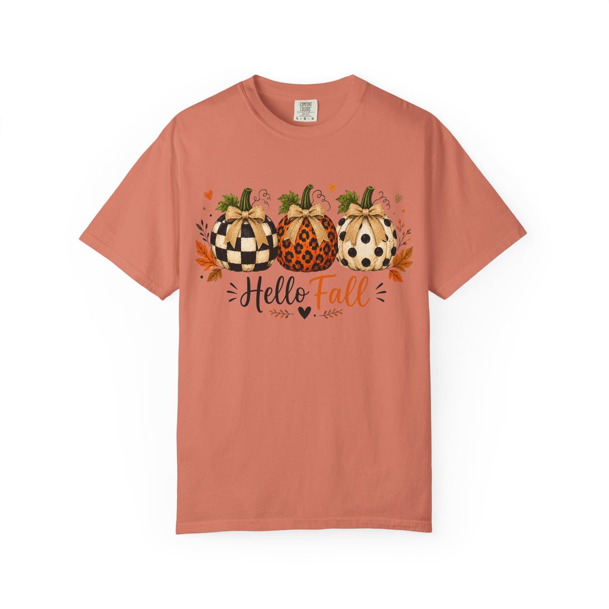 Hello Fall Pumpkin T-Shirt — Rustic Buffalo Check & Leopard Pumpkins, Autumn Graphic Tee