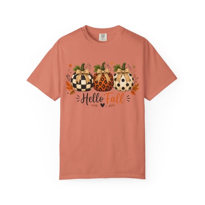 Hello Fall Pumpkin T-Shirt — Rustic Buffalo Check & Leopard Pumpkins, Autumn Graphic Tee