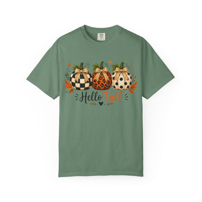 Hello Fall Pumpkin T-Shirt — Rustic Buffalo Check & Leopard Pumpkins, Autumn Graphic Tee
