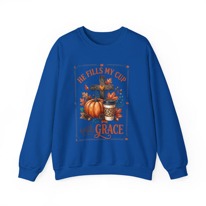 Grace-Filled Autumn Sweatshirt — "He Fills My Cup with Grace" Fall Christian Crewneck