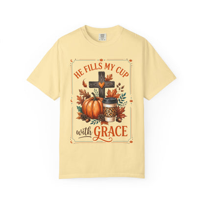 He Fills My Cup With Grace Tee — Christian Fall Pumpkin Cross Coffee Shirt