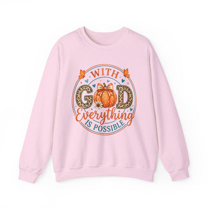 Christian Fall Sweatshirt - "With God Everything Is Possible" Pumpkin Crewneck