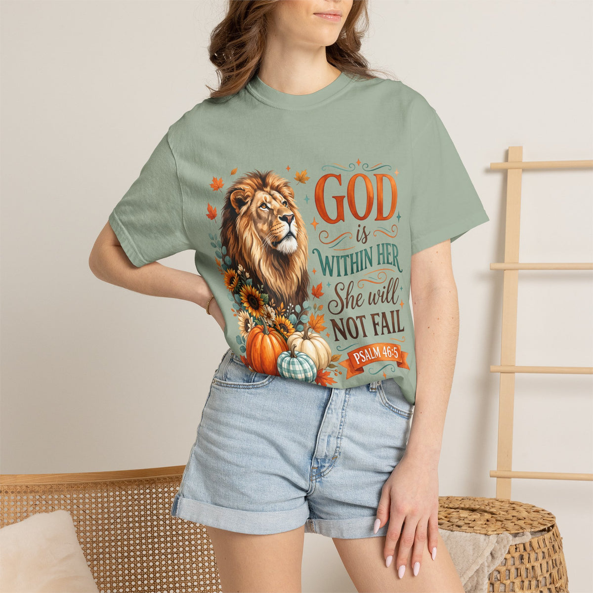 Christian Lion & Fall Pumpkins T-Shirt — "God Is Within Her She Will Not Fail" (Psalm 46:5)