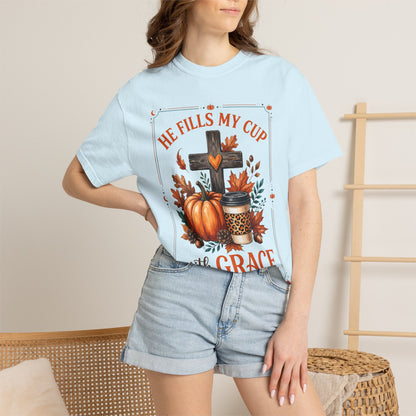 He Fills My Cup With Grace Tee — Christian Fall Pumpkin Cross Coffee Shirt