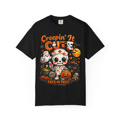 Creepin' It Cute Halloween T-Shirt — Trick or Treat Skeleton & Black Cat Tee