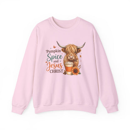 Crewneck Sweatshirt — Pumpkin Spice and Jesus Christ Highland Cow Fall Graphic