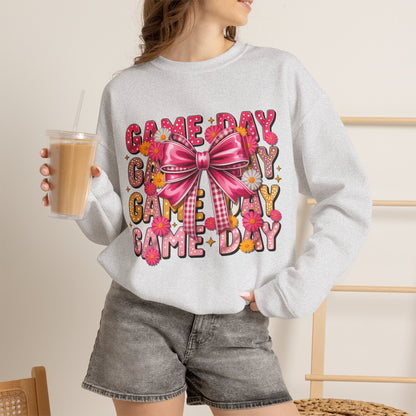 Game Day Bow Sweatshirt — Pink Cheer Graphic Crewneck