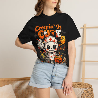 Creepin' It Cute Halloween T-Shirt — Trick or Treat Skeleton & Black Cat Tee