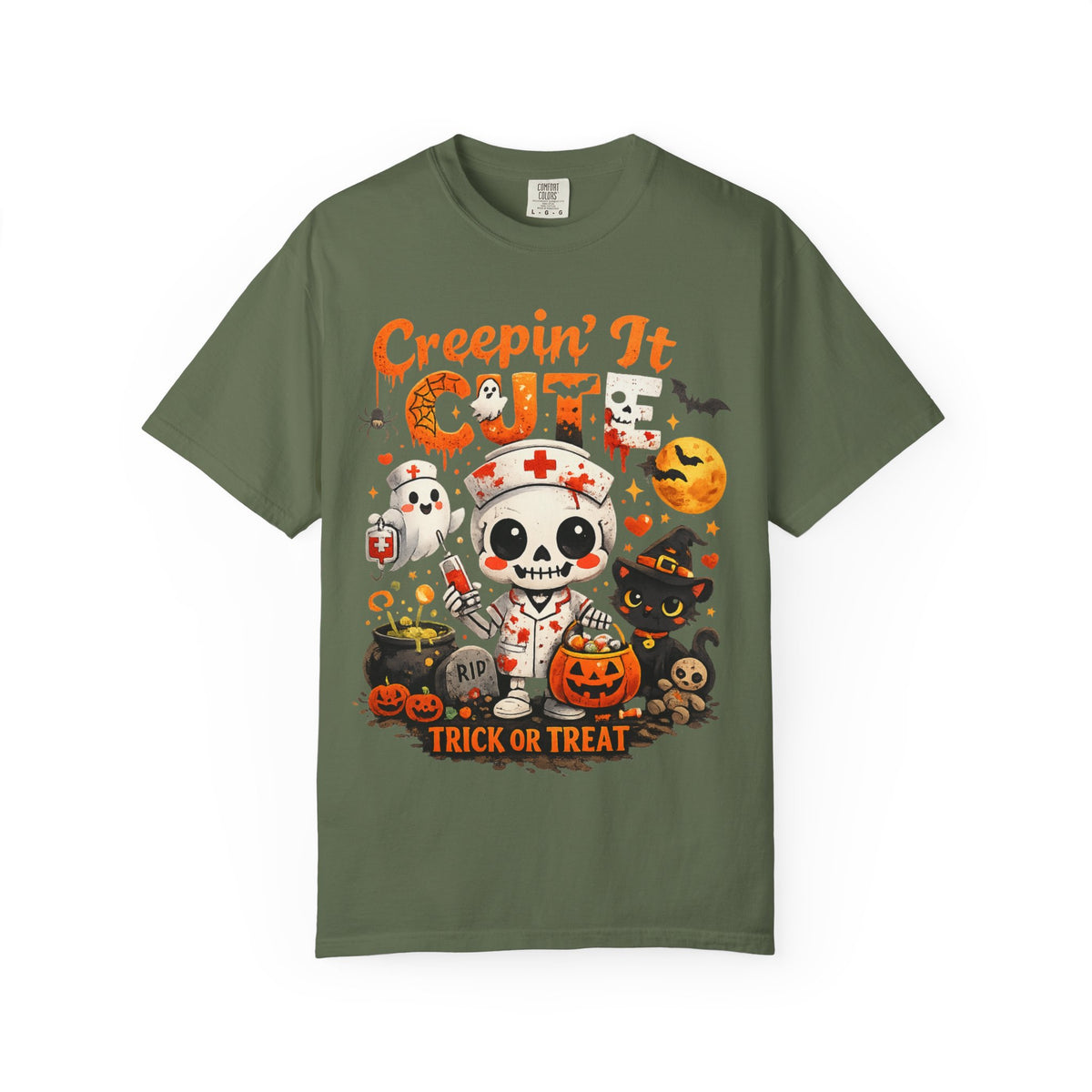 Creepin' It Cute Halloween T-Shirt — Trick or Treat Skeleton & Black Cat Tee