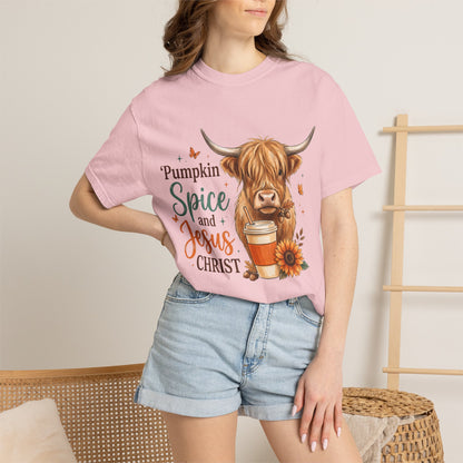 Pumpkin Spice and Jesus T-Shirt — Fall Cow Coffee Graphic Tee