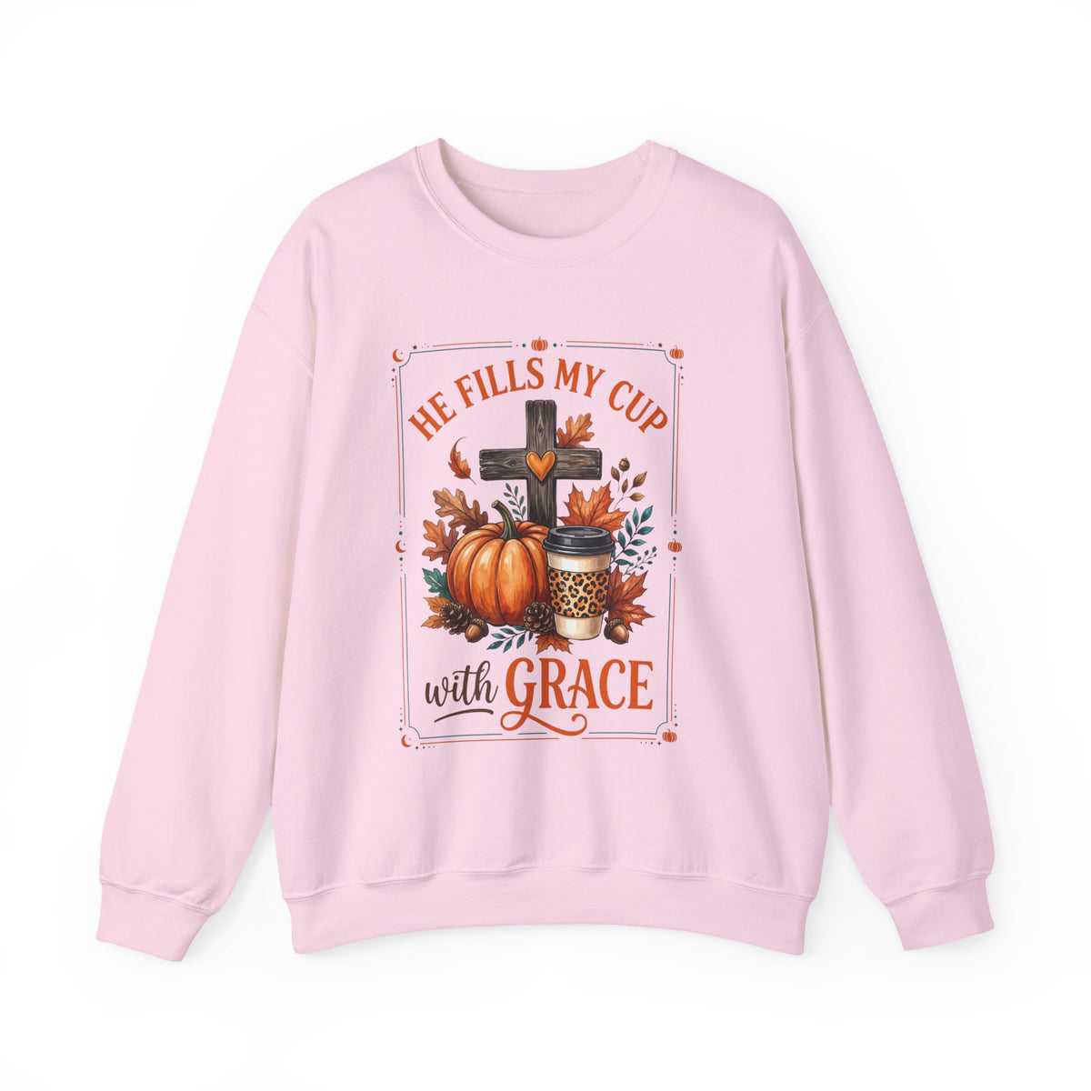 Grace-Filled Autumn Sweatshirt — "He Fills My Cup with Grace" Fall Christian Crewneck