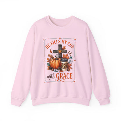 Grace-Filled Autumn Sweatshirt — "He Fills My Cup with Grace" Fall Christian Crewneck