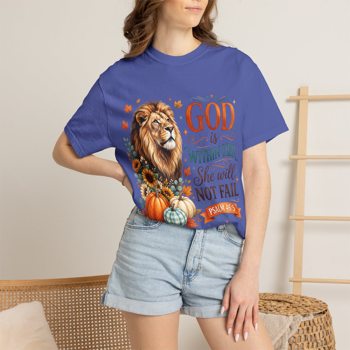 Christian Lion & Fall Pumpkins T-Shirt — "God Is Within Her She Will Not Fail" (Psalm 46:5)