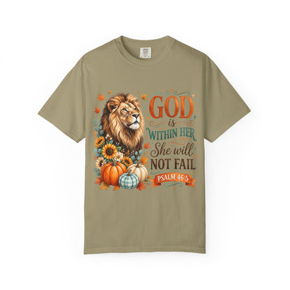 Christian Lion & Fall Pumpkins T-Shirt — "God Is Within Her She Will Not Fail" (Psalm 46:5)