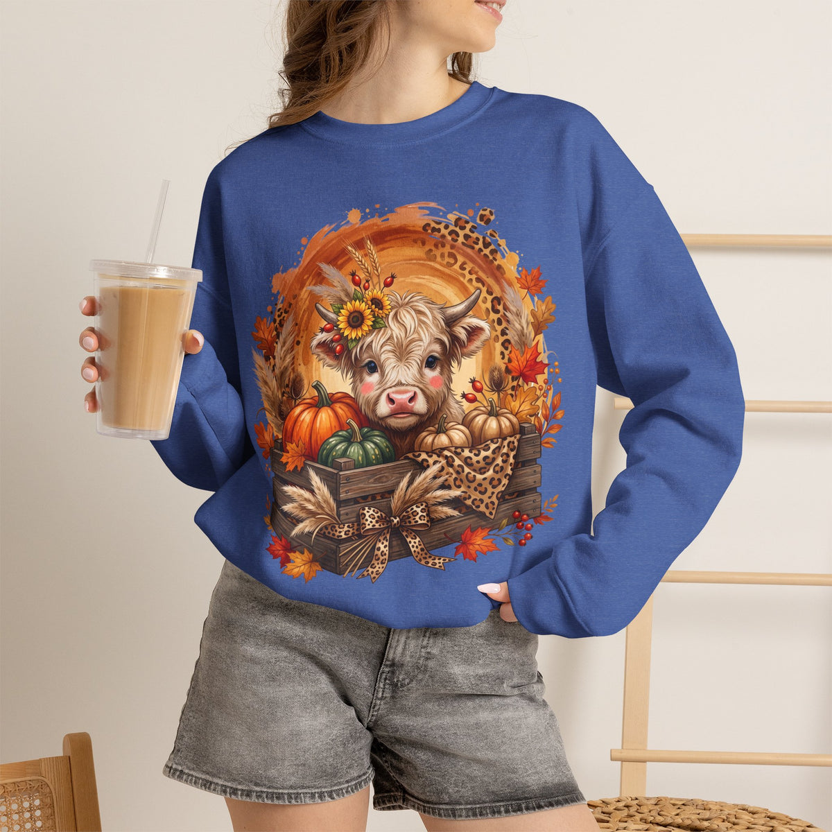 Fall Cow Crewneck Sweatshirt — Autumn Harvest Pumpkins & Sunflower Graphic