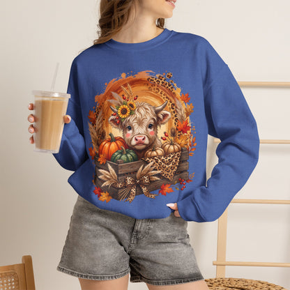 Fall Cow Crewneck Sweatshirt — Autumn Harvest Pumpkins & Sunflower Graphic