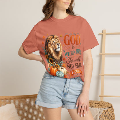 Christian Lion & Fall Pumpkins T-Shirt — "God Is Within Her She Will Not Fail" (Psalm 46:5)