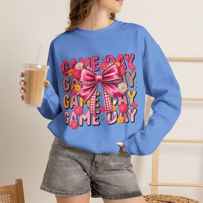 Game Day Bow Sweatshirt — Pink Cheer Graphic Crewneck