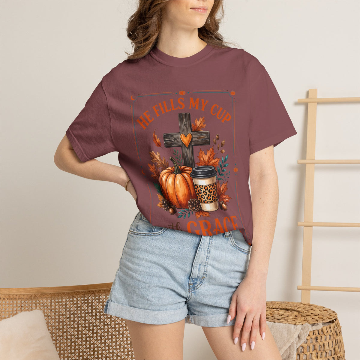 He Fills My Cup With Grace Tee — Christian Fall Pumpkin Cross Coffee Shirt