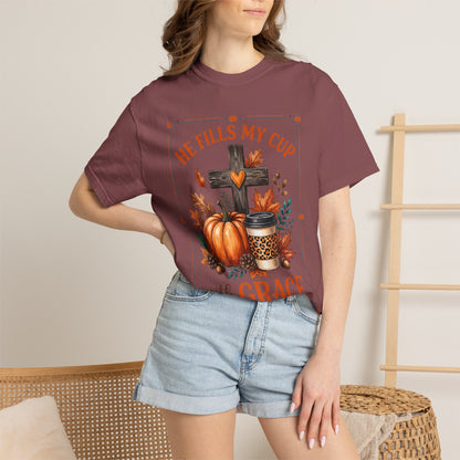 He Fills My Cup With Grace Tee — Christian Fall Pumpkin Cross Coffee Shirt
