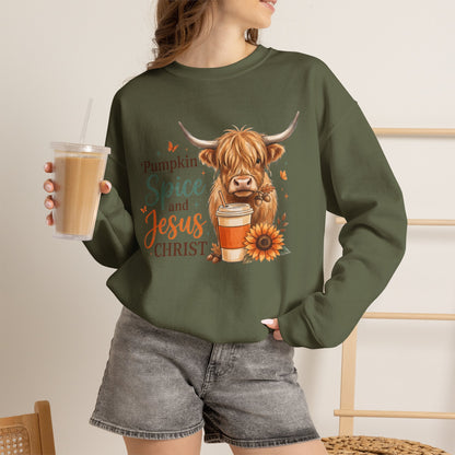 Crewneck Sweatshirt — Pumpkin Spice and Jesus Christ Highland Cow Fall Graphic