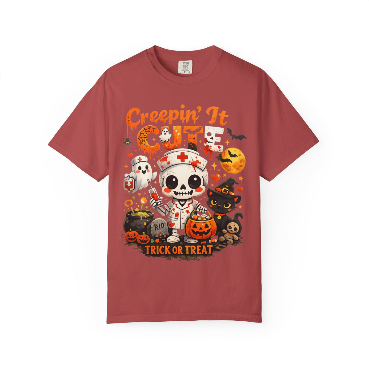 Creepin' It Cute Halloween T-Shirt — Trick or Treat Skeleton & Black Cat Tee