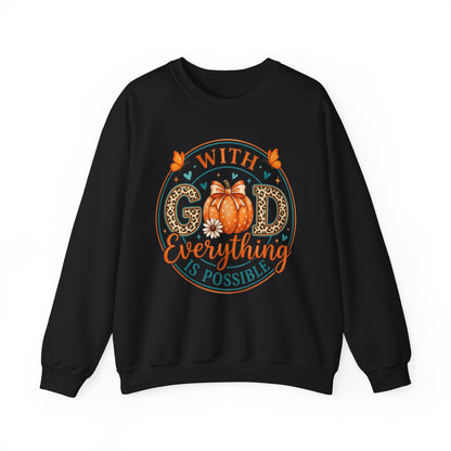 Christian Fall Sweatshirt - "With God Everything Is Possible" Pumpkin Crewneck