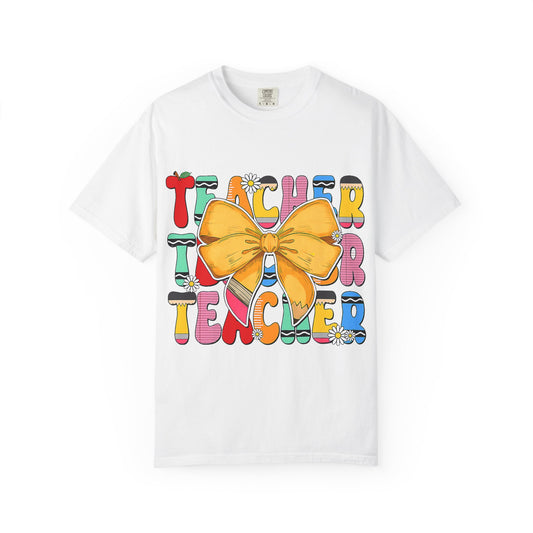Teacher Bow T-Shirt — Colorful Retro Teacher Appreciation Tee