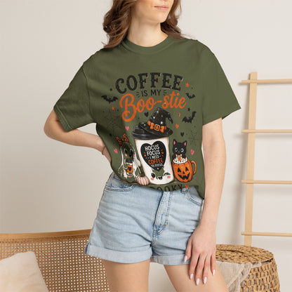 Coffee Is My Boo-stie Halloween Tee — Spooky But Caffeinated Cat & Pumpkin Design