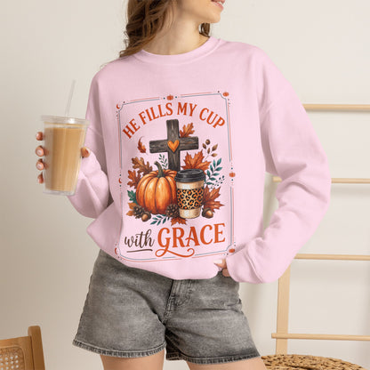 Grace-Filled Autumn Sweatshirt — "He Fills My Cup with Grace" Fall Christian Crewneck