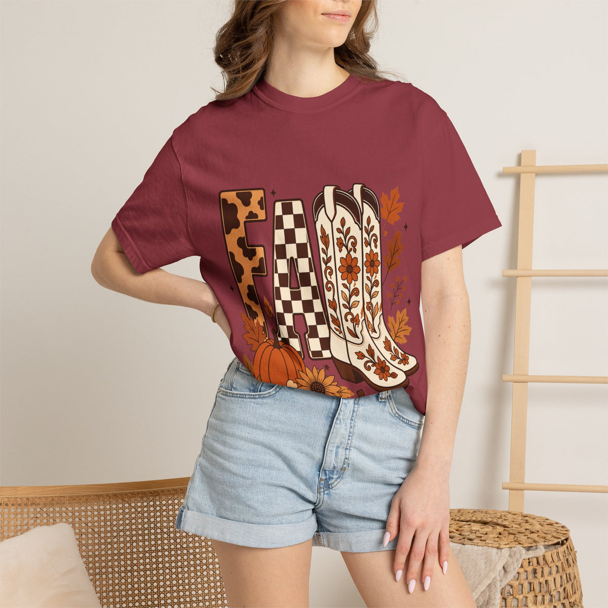 Fall Cowboy Boots T-Shirt — Pumpkin, Leaves & Floral Autumn Graphic Tee