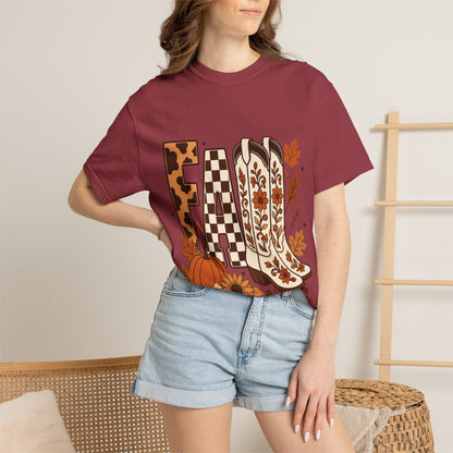 Fall Cowboy Boots T-Shirt — Pumpkin, Leaves & Floral Autumn Graphic Tee