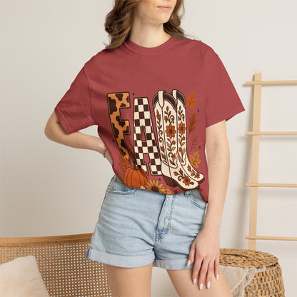 Fall Cowboy Boots T-Shirt — Pumpkin, Leaves & Floral Autumn Graphic Tee