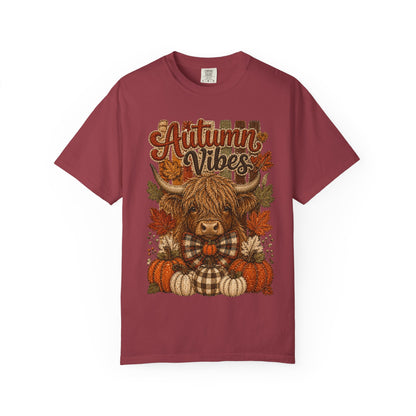 Autumn Vibes Highland Cow T-Shirt — Cute Fall Pumpkin Plaid Tee