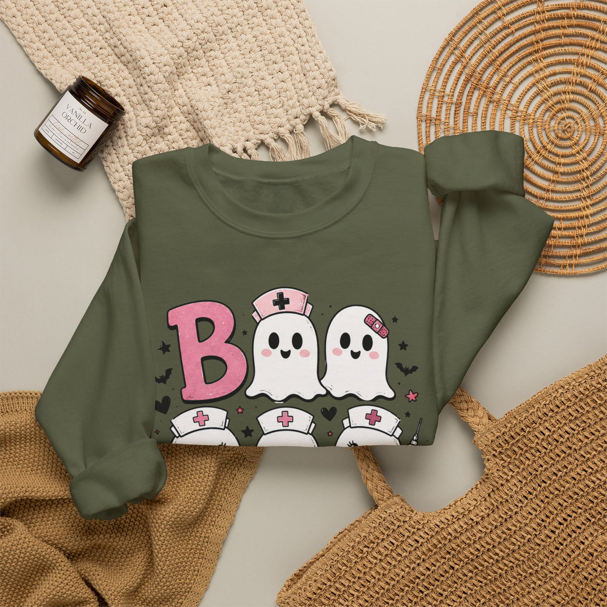 Boo Crew Sweatshirt — Cute Pink Ghost Nurse Halloween Crewneck