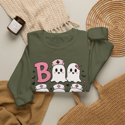 Boo Crew Sweatshirt — Cute Pink Ghost Nurse Halloween Crewneck