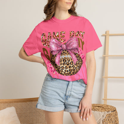 Game Day Leopard Football T-Shirt with Pink Glitter Bow