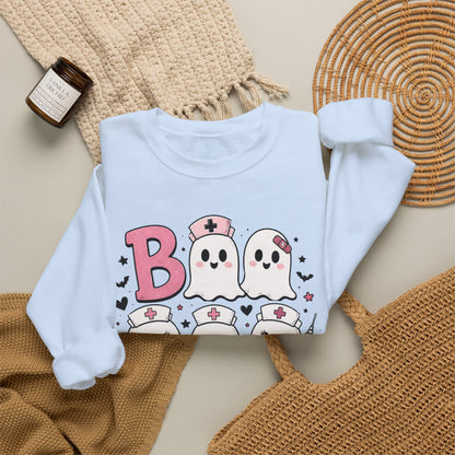 Boo Crew Sweatshirt — Cute Pink Ghost Nurse Halloween Crewneck