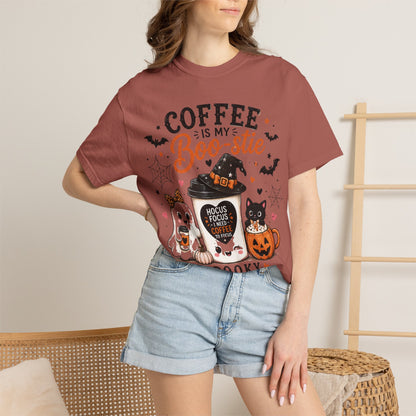 Coffee Is My Boo-stie Halloween Tee — Spooky But Caffeinated Cat & Pumpkin Design