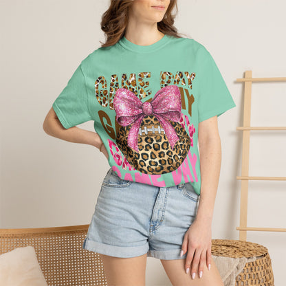 Game Day Leopard Football T-Shirt with Pink Glitter Bow