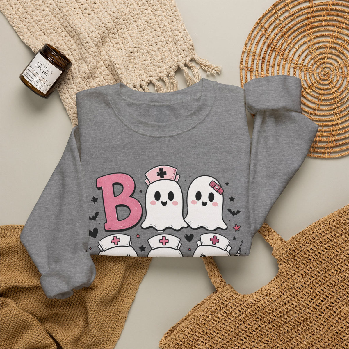 Boo Crew Sweatshirt — Cute Pink Ghost Nurse Halloween Crewneck
