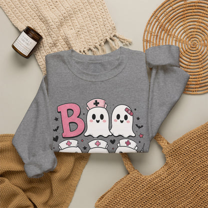 Boo Crew Sweatshirt — Cute Pink Ghost Nurse Halloween Crewneck
