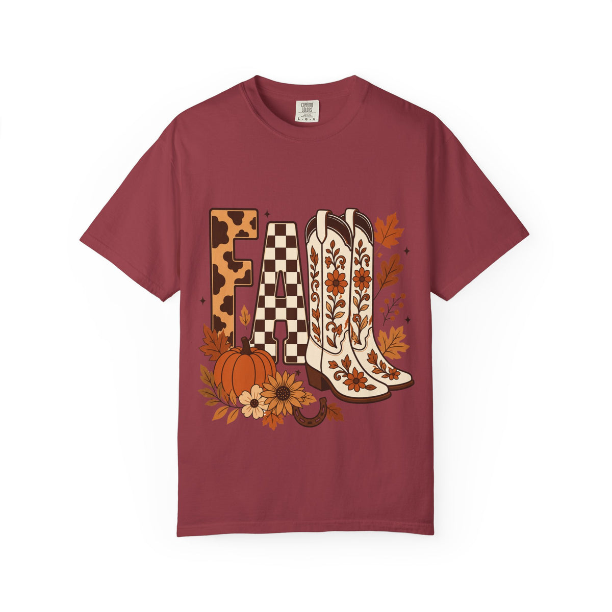 Fall Cowboy Boots T-Shirt — Pumpkin, Leaves & Floral Autumn Graphic Tee