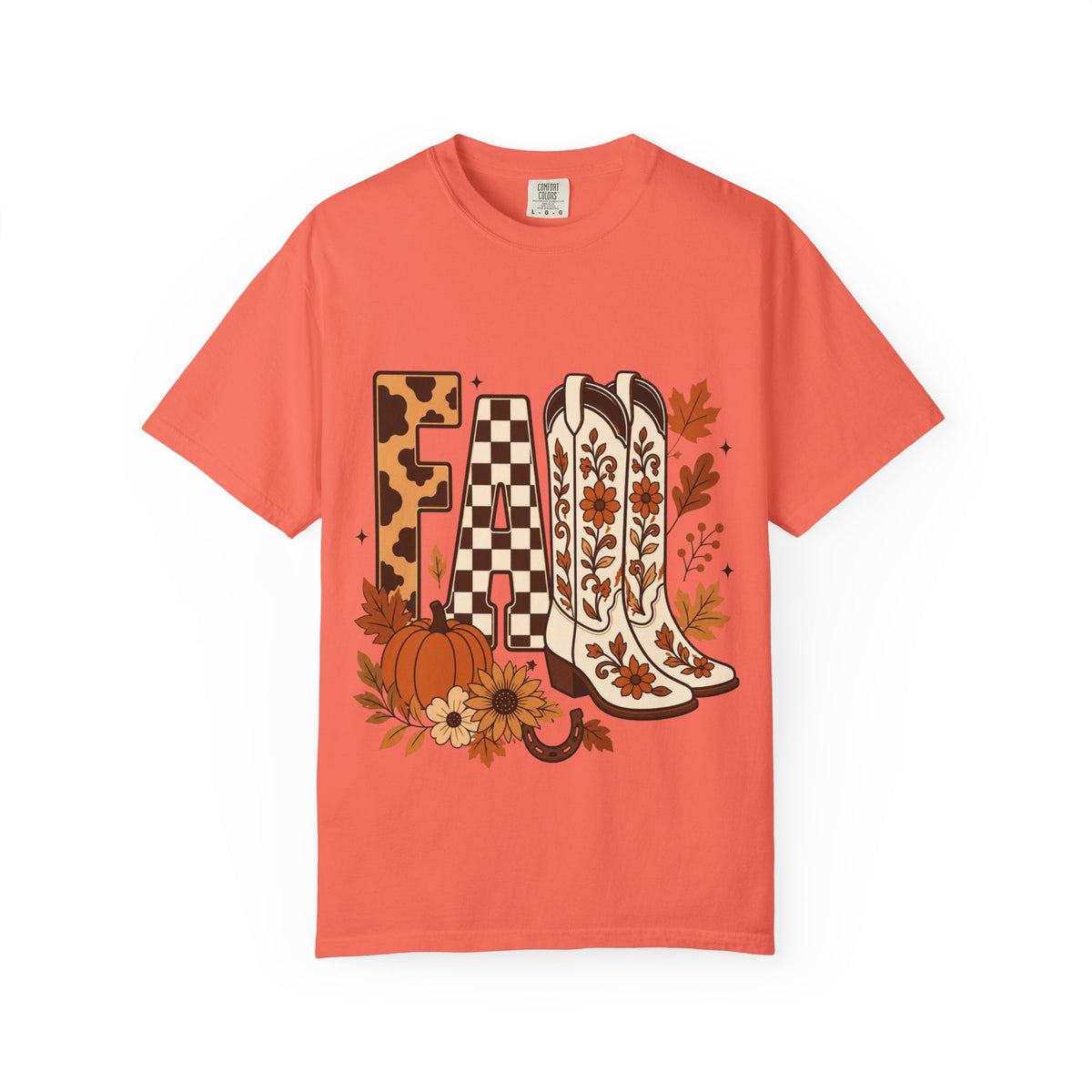 Fall Cowboy Boots T-Shirt — Pumpkin, Leaves & Floral Autumn Graphic Tee