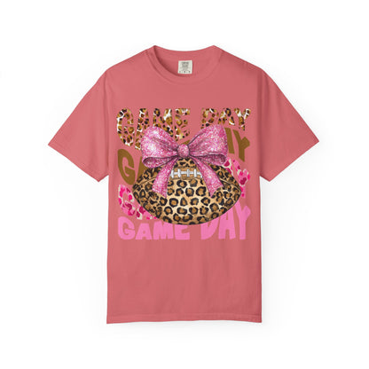 Game Day Leopard Football T-Shirt — Pink Bow Tailgate Tee for Women & Fans