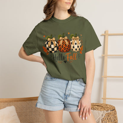 Hello Fall Pumpkin T-Shirt — Rustic Buffalo Check & Leopard Pumpkins, Autumn Graphic Tee