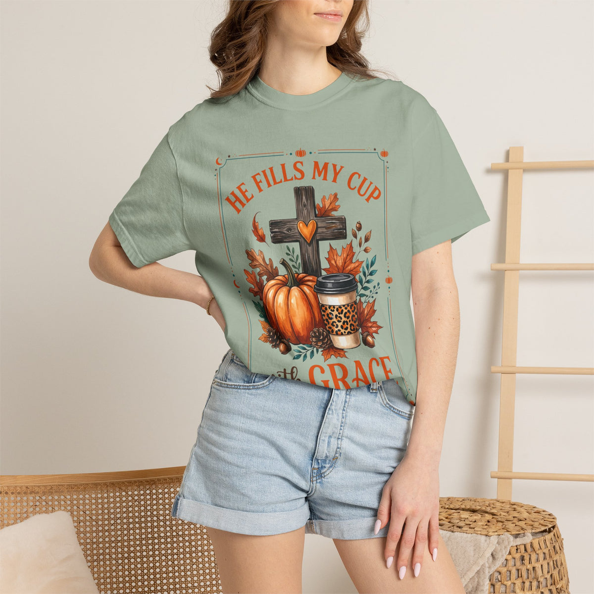 He Fills My Cup With Grace Tee — Christian Fall Pumpkin Cross Coffee Shirt