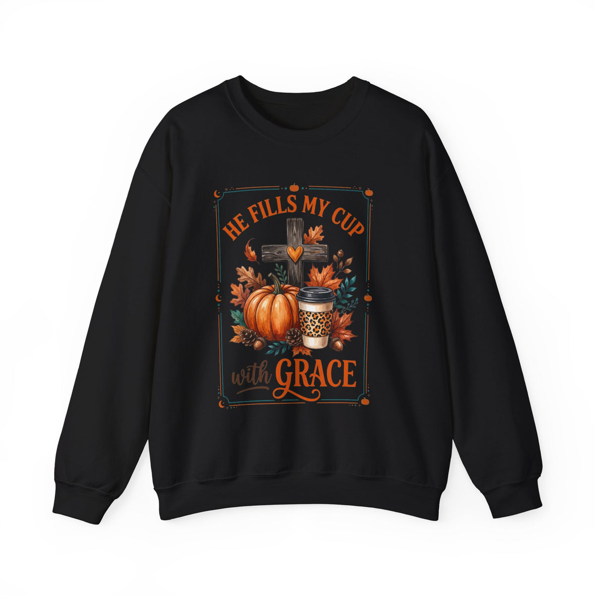 Grace-Filled Autumn Sweatshirt — "He Fills My Cup with Grace" Fall Christian Crewneck
