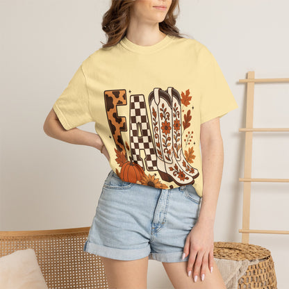 Fall Cowboy Boots T-Shirt — Pumpkin, Leaves & Floral Autumn Graphic Tee