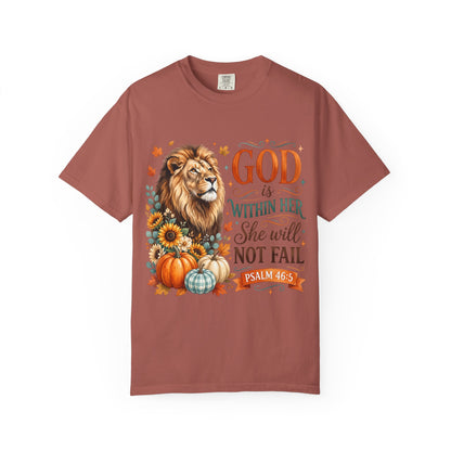 Christian Lion & Fall Pumpkins T-Shirt — "God Is Within Her She Will Not Fail" (Psalm 46:5)